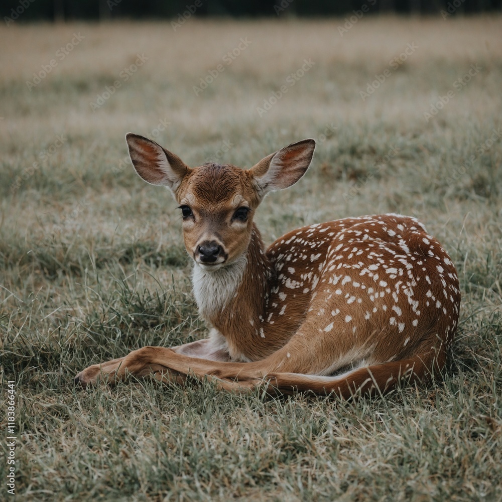 A shy fawn lying down gently on a white plain.
A shy fawn lying down gently on a white plain.