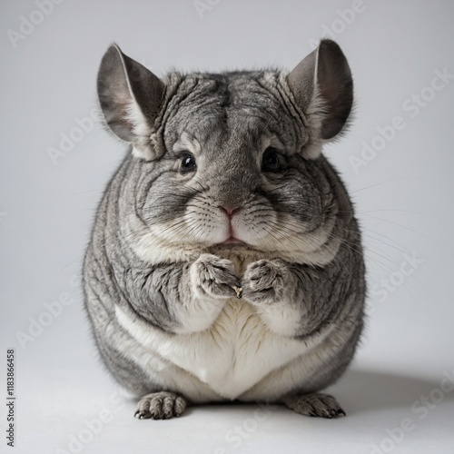 A fluffy chinchilla cleaning its paws on a white background.

