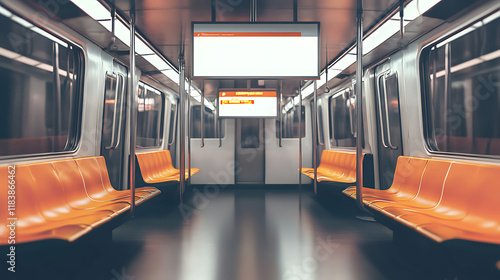 Sleek and empty subway carriage with a prominent banner mockup, offering a modern urban transit experience