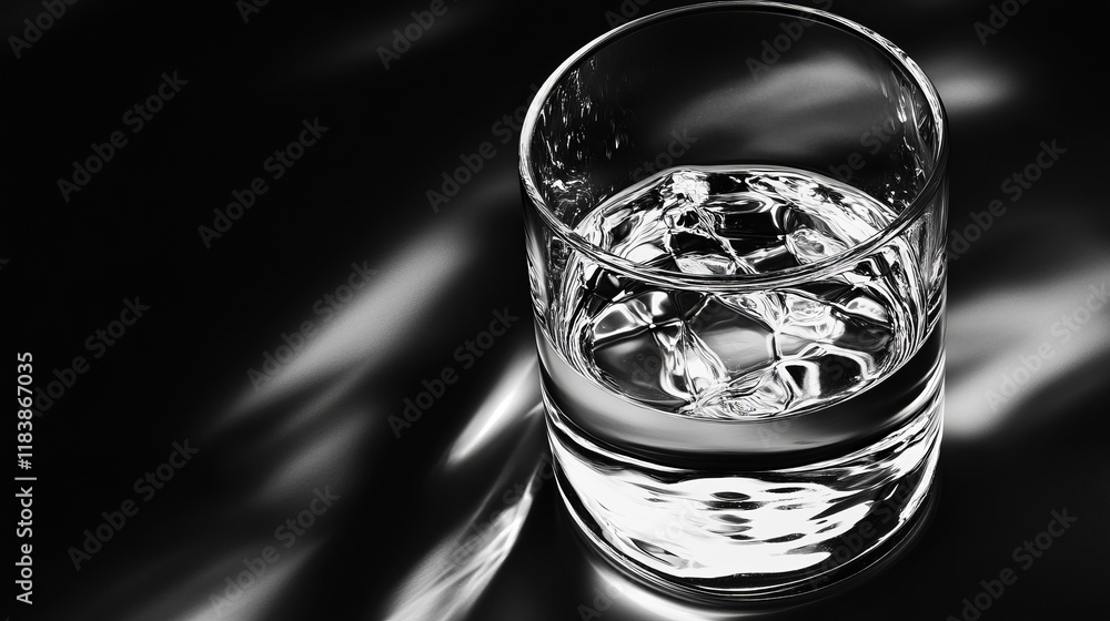 Clear glass of ice-filled water on a dark reflective surface with light reflections Clear glass of ice-filled water on a dark reflective surface with light reflections