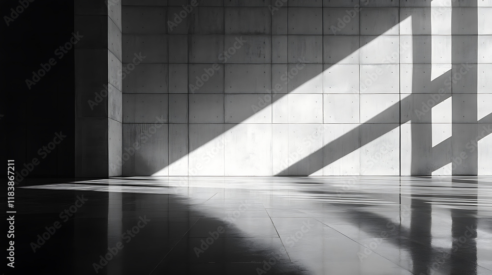Obraz premium Spacious concrete wall with shadow gradient and reflective floor, modern minimalist architecture