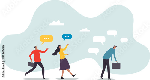Workplace gossip, talking behind in the office, work bullying, chatter or rumor, rudeness voice or wrong information telling.business concept.flat character.