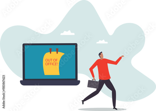 Out of office notice message, vacation or holiday leave sticky on laptop, note or summer break announcement,business concept.flat character.