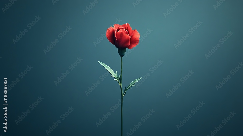 Obraz premium Single red rose stands tall against a simple blue background, showcasing its vibrant color and delicate petals during a serene moment