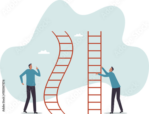 Career ladder challenge, difficulty step growth, different job opportunity or ambition, climbing ladder with obstacle .business concept.flat character.