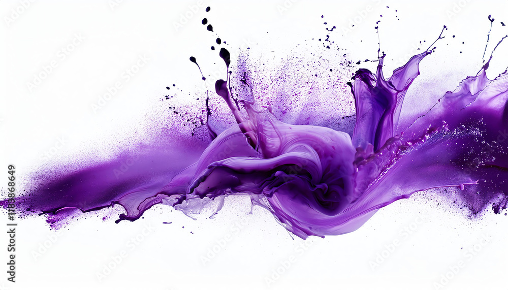 Fototapeta premium A vibrant splash of purple paint creates dynamic movement and artistic flair against a clean white background.