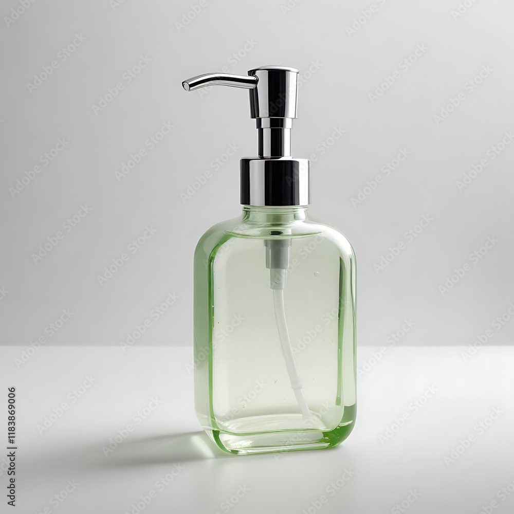 Fototapeta premium A glass soap dispenser with a pump, filled with liquid soap, on a white surface.