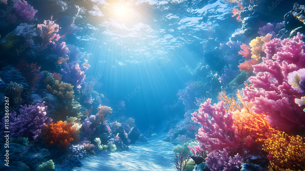 Obraz premium Underwater scene with sunbeams filtering through the water, calm ocean background