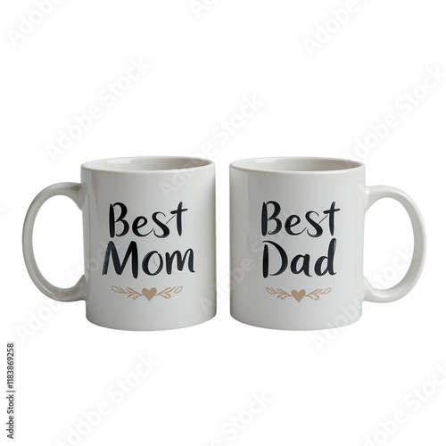 A pair of white coffee mugs featuring the text Best Mom and Best Dad a thoughtful gift for parents ,isolated on transparent background. photo