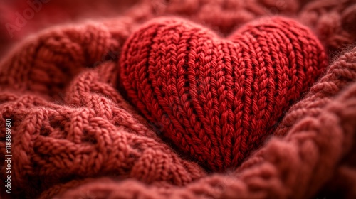 Knitted red heart on a cozy textured blanket in warm tones creating a feeling of comfort and love