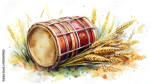 Watercolor illustration for baisakhi with a dhol and wheat sheaves photo