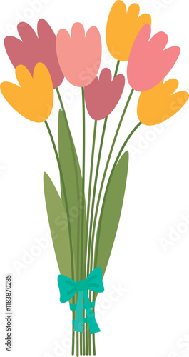 Tulips of different colors are collected in a bunch and tied with a ribbon. A bouquet of spring flowers