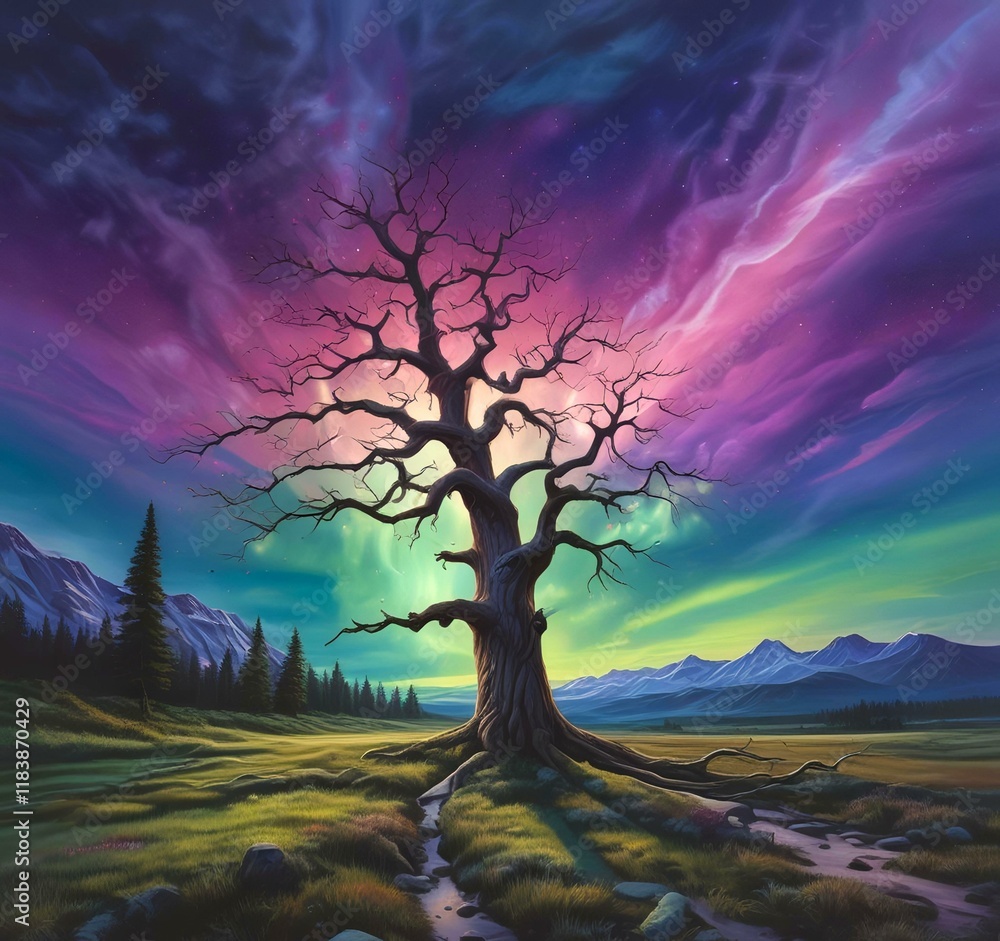 Illustration of landscape with aurora borealis. Illustration of landscape with aurora borealis.