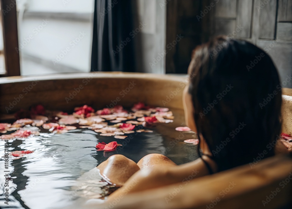 A woman enjoying a relaxing bath with rose petals floating on the water's surface. A woman enjoying a relaxing bath with rose petals floating on the water's surface.