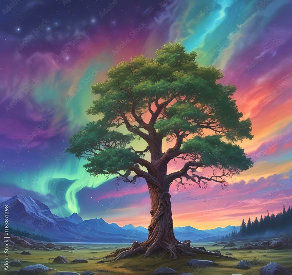 Illustration of landscape with aurora borealis. Illustration of landscape with aurora borealis.
