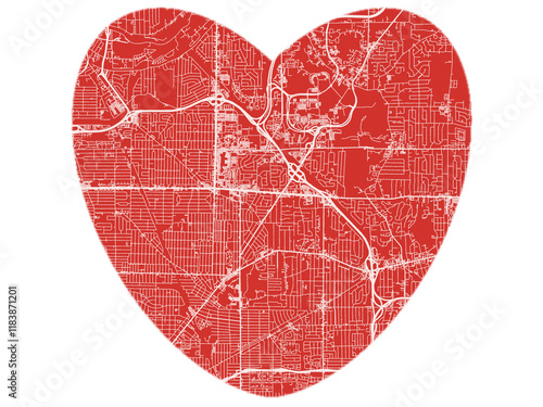 Heart-Shaped Map of Amherst  New York, USA in Bold Red and White Design.