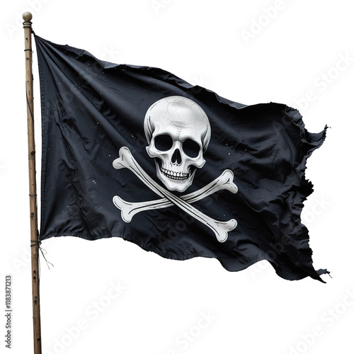 A weathered black pirate flag featuring a skull and crossbones is shown blowing in the wind, isolated on transparent background. photo