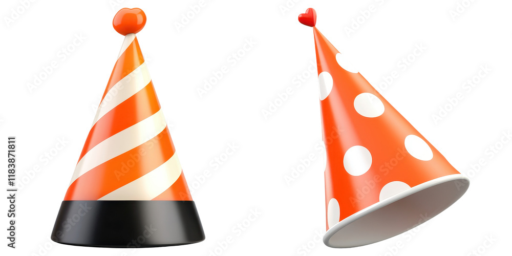 Two colorful party hats with distinctive patterns, one featuring stripes and the other polka dots, designed for festive celebrations. Two colorful party hats with distinctive patterns, one featuring stripes and the other polka dots, designed for festive celebrations.