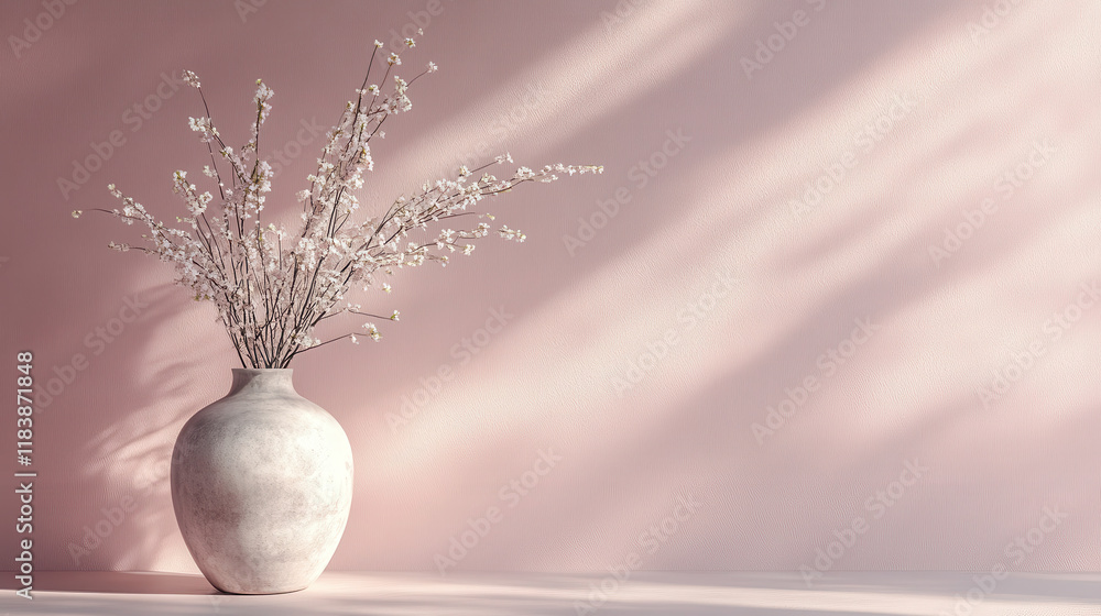 A minimalist vase with floral branches against a soft pink background. A minimalist vase with floral branches against a soft pink background.