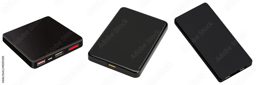 A set of three external hard drives showcasing different designs and sizes, all predominantly black. A set of three external hard drives showcasing different designs and sizes, all predominantly black.