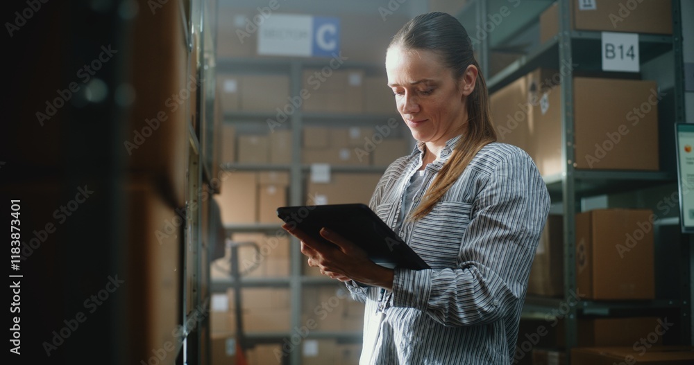 Fototapeta premium Female Inventory Manager Scans Parcel with E-Commerce Online Orders on Shelf Using Digital Tablet Computer in Warehouse Retail Facility, Checks Delivery Information. Sorting Center of Postal Service.