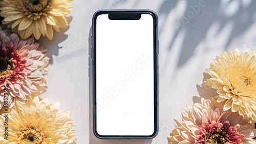 Phone mockup with a blank white screen framed by soft yellow and peach chrysanthemums on a sunlit white surface, ideal for showcasing designs with springtime or celebratory themes.