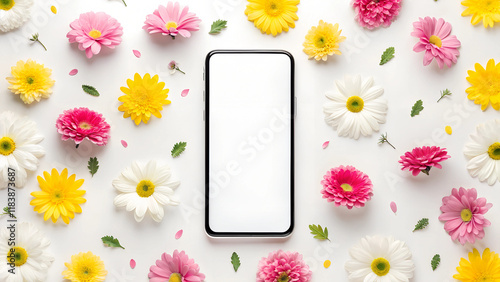 Mockup of a smartphone with a blank white screen surrounded by colorful daisies and green leaves on a white background, ideal for spring, wedding, or festive designs with copy space.