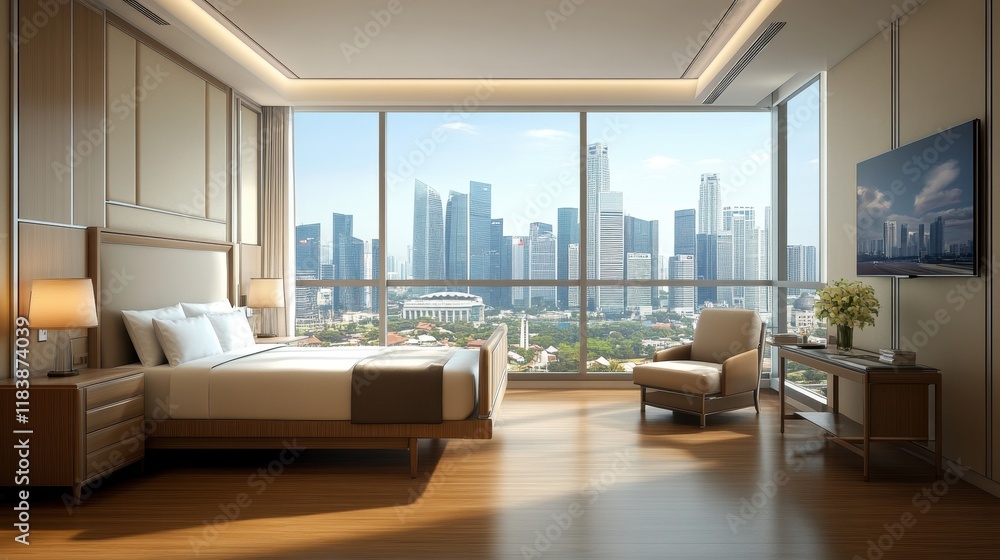 Fototapeta premium Cozy modern hospital room interior bed in row,VIP hospital room side view panoramic window on skyscrapers,design of relax and medical care space,copy space.