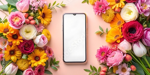 Vibrant smartphone mockup with a blank white screen surrounded by a lush arrangement of colorful flowers, ideal for promoting apps, designs, or seasonal projects.