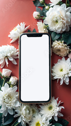 Smartphone mockup with a blank white screen surrounded by white flowers on a coral background. Perfect for feminine and elegant branding or app displays.