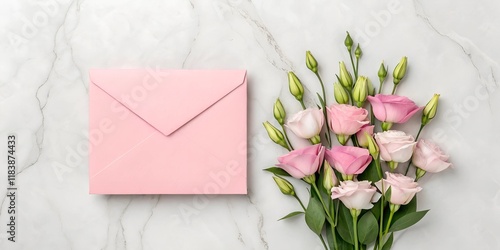  Pink envelope paired with delicate pink roses on a marble background. Ideal for wedding invitations, greeting cards, or feminine stationery designs.
