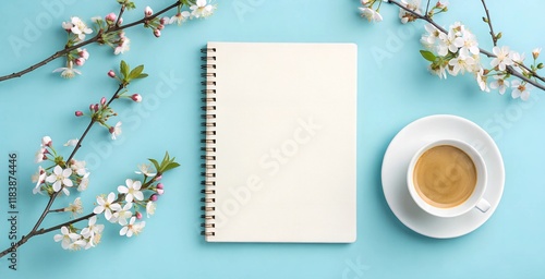 Open blank notebook surrounded by blossoming cherry branches and a cup of coffee on a blue background. Great for creative concepts, journaling, or springtime designs.