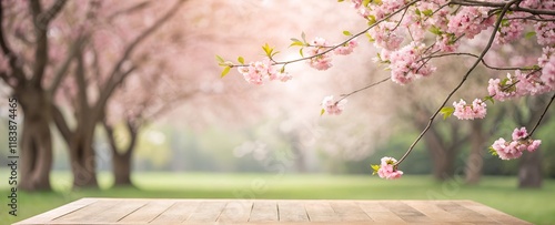 Wooden table under blooming cherry blossoms with a scenic blurred background of a springtime park. Ideal for natural backdrops or seasonal promotional designs.