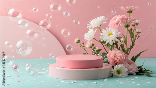 Pink and white podiums with bubbles and delicate flowers on a pastel background. Perfect for cosmetics or beauty branding and advertisements.