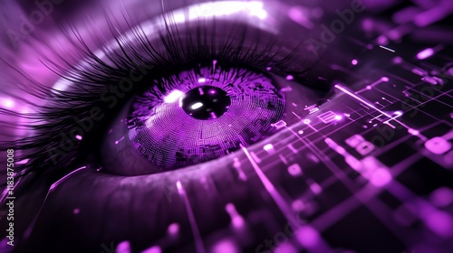 Close-up of a stylized purple eye with digital circuitry overlay.