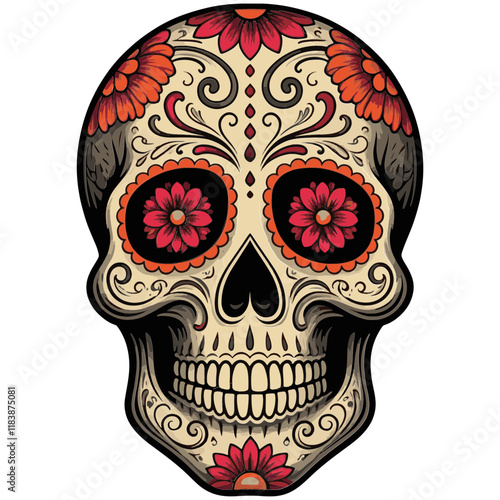 Sugar Skulls. Day of the Dead Skull, isolated on white background. Dia de los Muertos. Mexican sugar skull. Design for logo, emblem, sign, poster, card, banner. Vector illustration. Color	