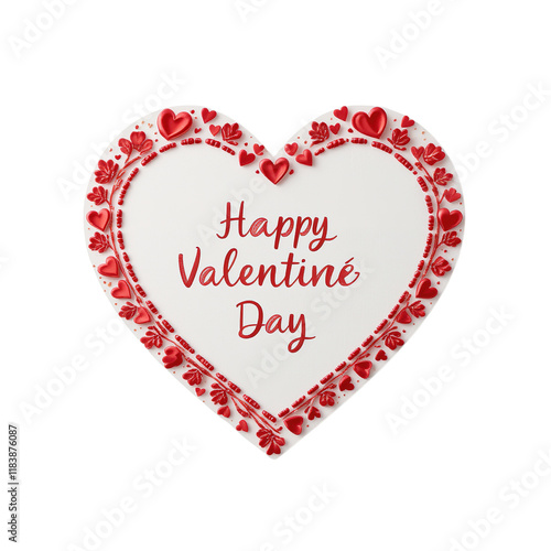 A white heart-shaped card features a Happy Valentine's Day message surrounded by a decorative border of red hearts and floral elements isolated on transparent background. photo