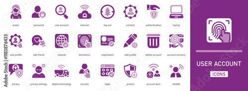 User account vector icon set. with biometrics, add friend, privacy settings, delete account, edit profile, registration and more solid collection 