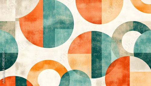 A retro-style pattern with geometric shapes in orange, teal, and blue on an old paper background. The design features symmetrical circles and squares arranged to create an abstract composition 