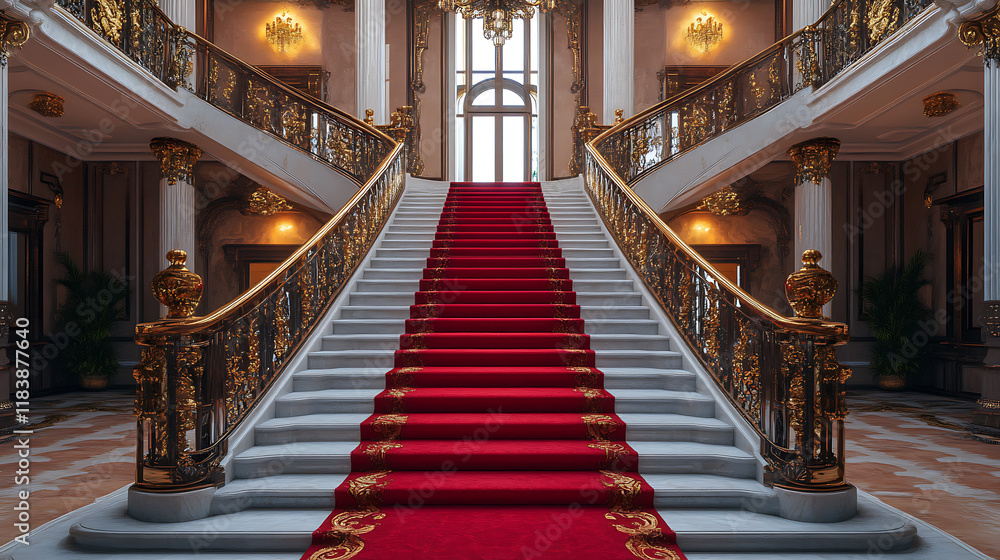 Fototapeta premium A grand staircase with red carpet in a luxurious palace interior