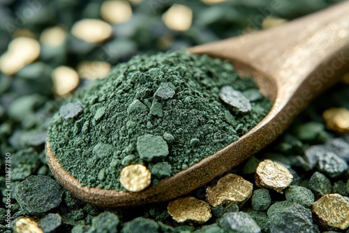 Dried thyme powder scattered loosely, showcasing dark green tones that add a rich, earthy flavor. photo