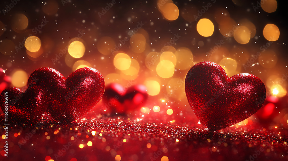 Abstract background for st, valentine's day, with red hearts and golden bokeh glitter Abstract background for st, valentine's day, with red hearts and golden bokeh glitter