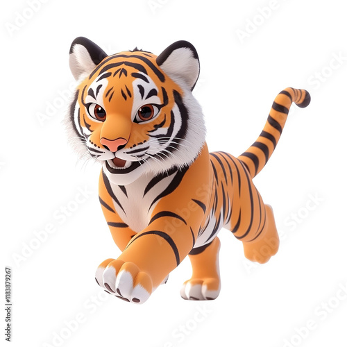 A charming 3D rendered cartoon tiger cub is depicted mid-stride, exhibiting a joyful and playful expression isolated on transparent background. photo