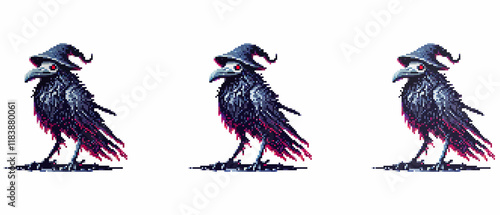 Pixel art of a crow with a witch's hat, giving it a mystical and magical appearance, perfect for fantasy-themed projects photo