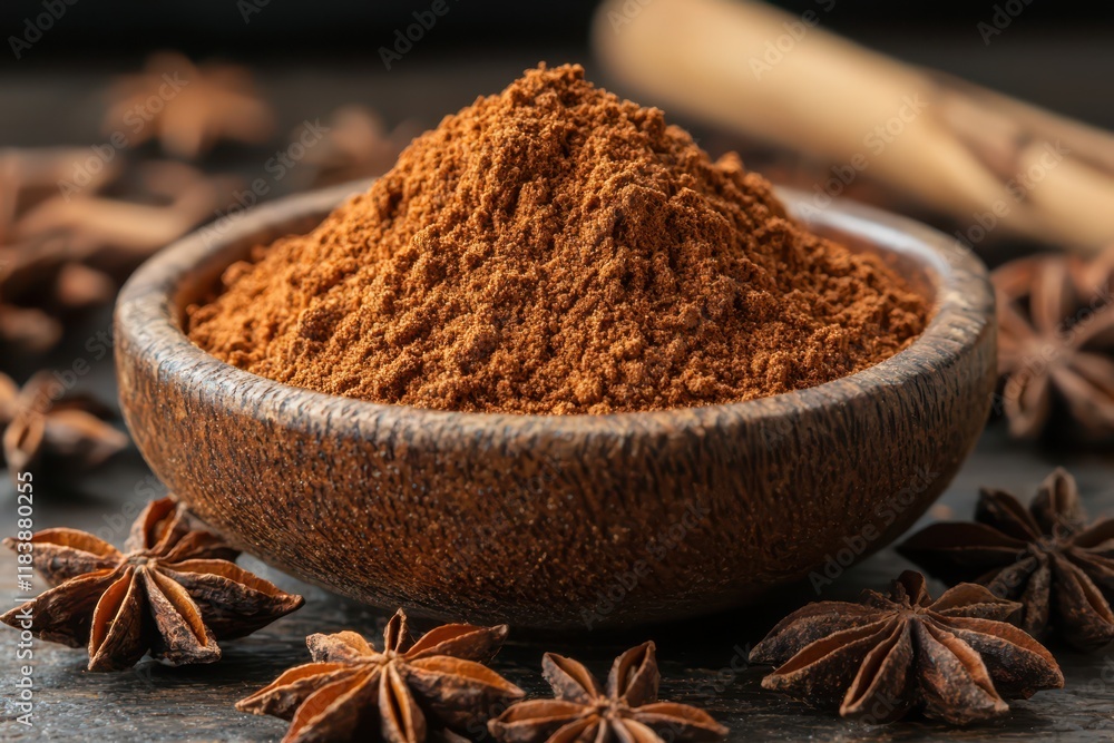 Ground star anise powder, finely detailed and arranged in a small pile with warm brown hues, ideal for cooking. Ground star anise powder, finely detailed and arranged in a small pile with warm brown hues, ideal for cooking.