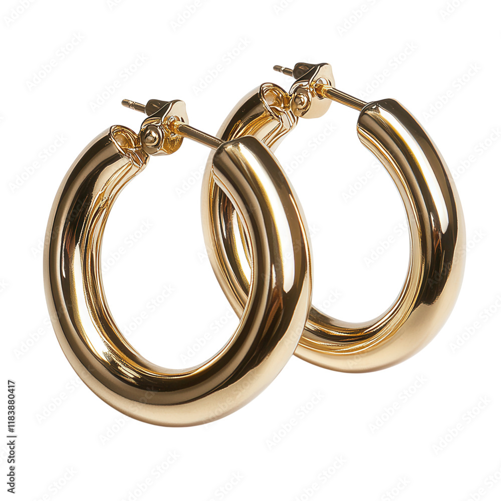 Gold hoop earrings, shiny finish, elegant design, displayed against a clean white backdrop, perfect for digital use and presentations Gold hoop earrings, shiny finish, elegant design, displayed against a clean white backdrop, perfect for digital use and presentations