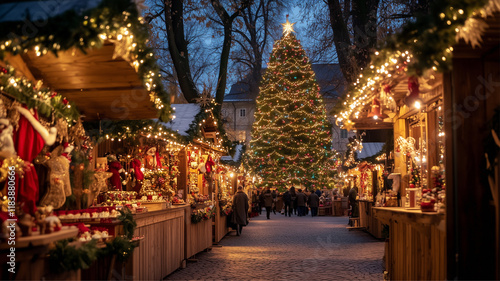 Salzburg Christkindlmarkt, wooden stalls with beautiful Christmas decorations line the square of Salzburg, a large Christmas tree decorated with sparkling lights, Ai generated images. 
