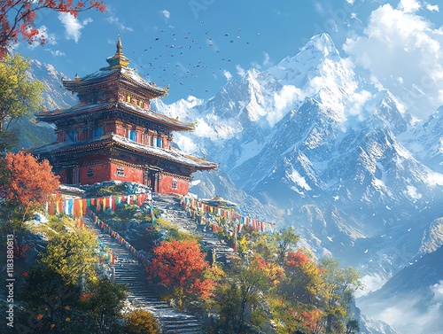 Serene Himalayan Temple: Autumnal Vista, Breathtaking Scenery photo