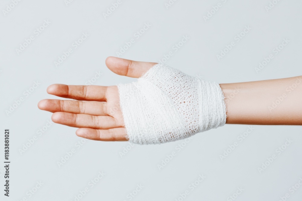 injured hand wrapped in white gauze bandage for medical treatment and first aid care