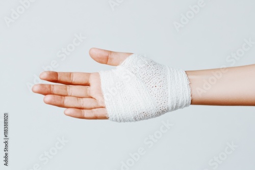 Obraz na płótnie injured hand wrapped in white gauze bandage for medical treatment and first aid care w salonie